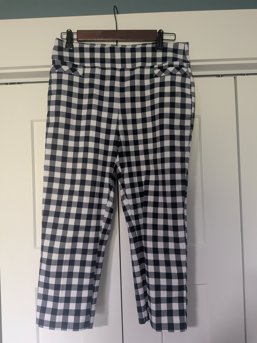KIM ROGERS Size 8 Navy Plaid Capri Pants Pull On Style Stretch, Summer Check